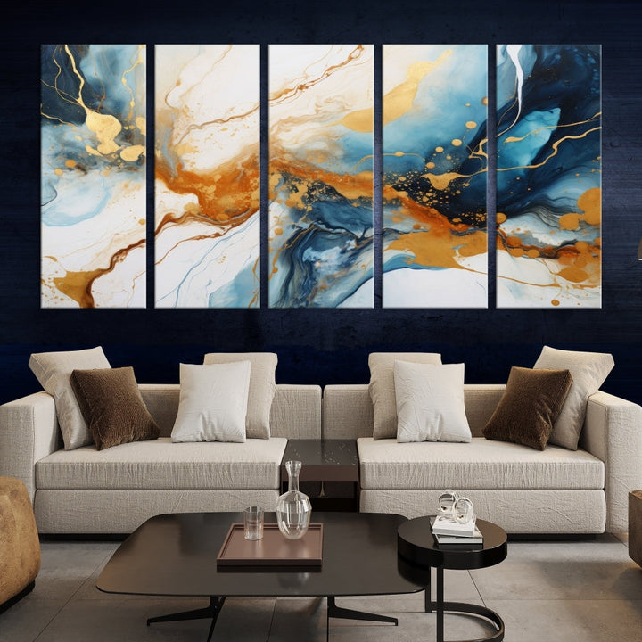 Fluid Marble Painting, Abstract Wall Art, Large Canvas Print, Blue Gold Wall Decor, Framed Set of Piece