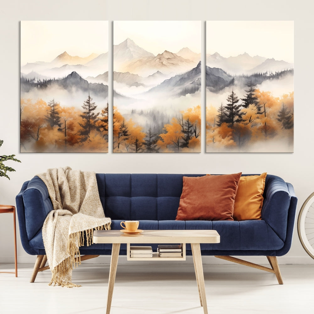 Foggy Forest Nordic Mountain Canvas Wall Art Print Landscape Painting Framed Set of