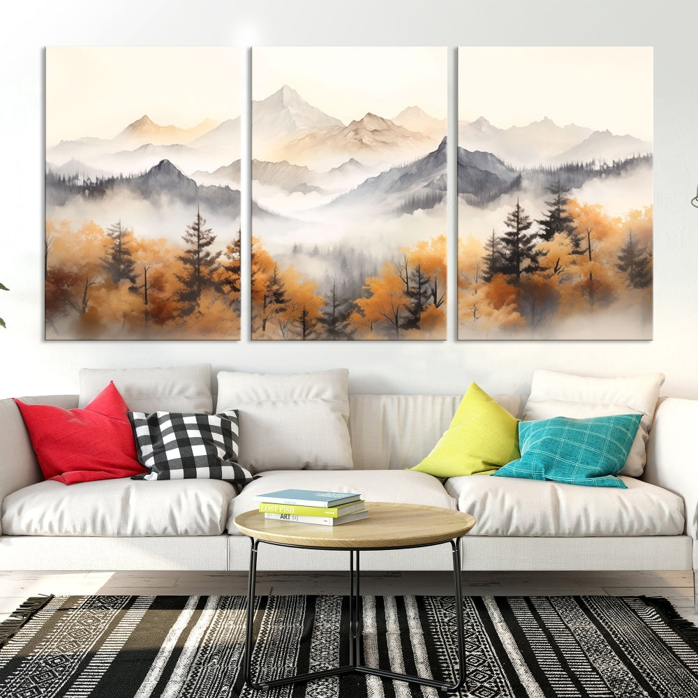 Foggy Forest Nordic Mountain Canvas Wall Art Print Landscape Painting Framed Set of