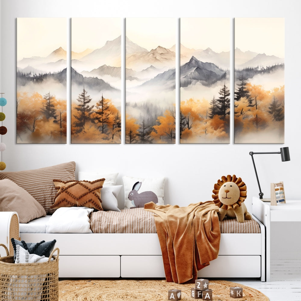 Foggy Forest Nordic Mountain Canvas Wall Art Print Landscape Painting Framed Set of