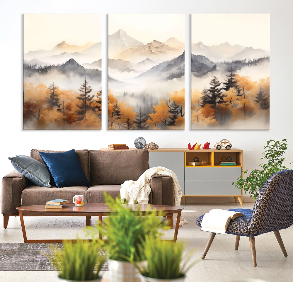 Foggy Forest Nordic Mountain Canvas Wall Art Print Landscape Painting Framed Set of