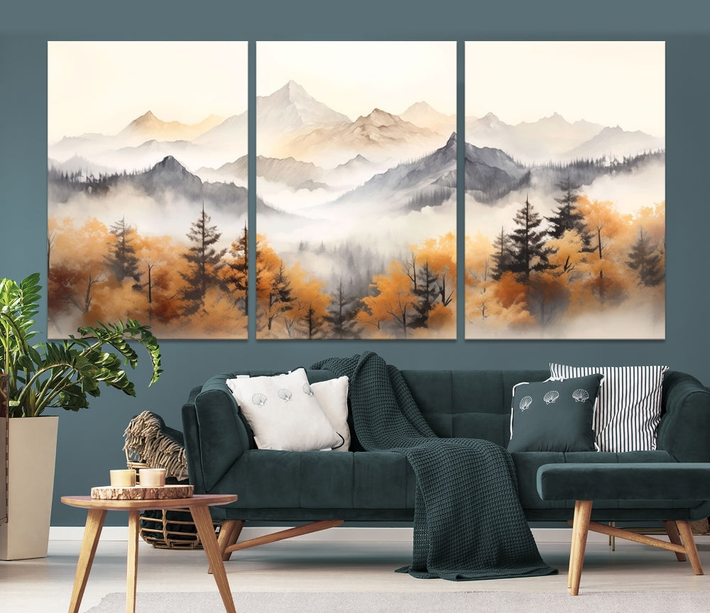 Foggy Forest Nordic Mountain Canvas Wall Art Print Landscape Painting Framed Set of