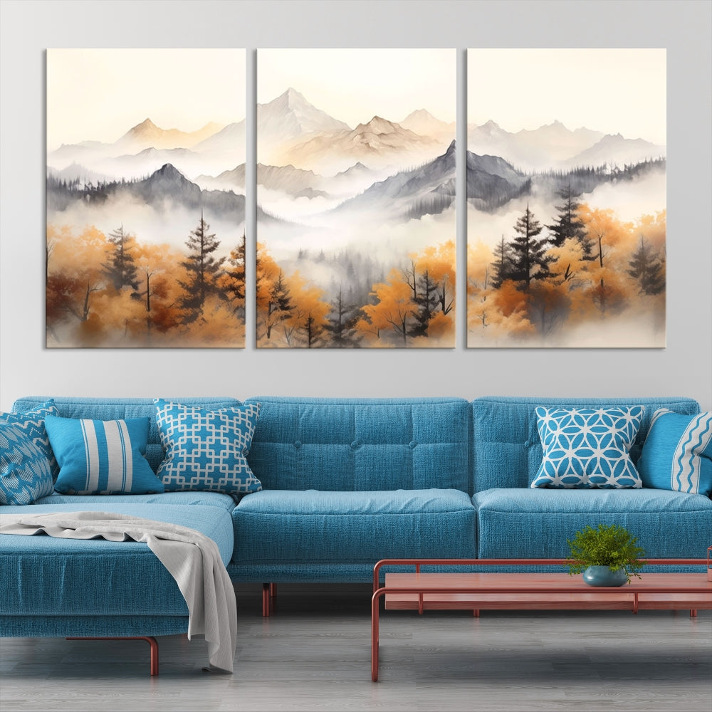 Foggy Forest Nordic Mountain Canvas Wall Art Print Landscape Painting Framed Set of