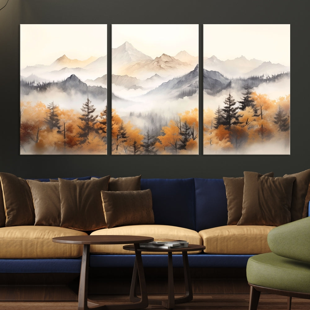 Foggy Forest Nordic Mountain Canvas Wall Art Print Landscape Painting Framed Set of