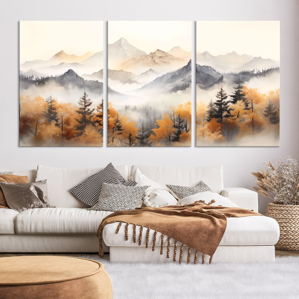 Foggy Forest Nordic Mountain Canvas Wall Art Print Landscape Painting Framed Set of