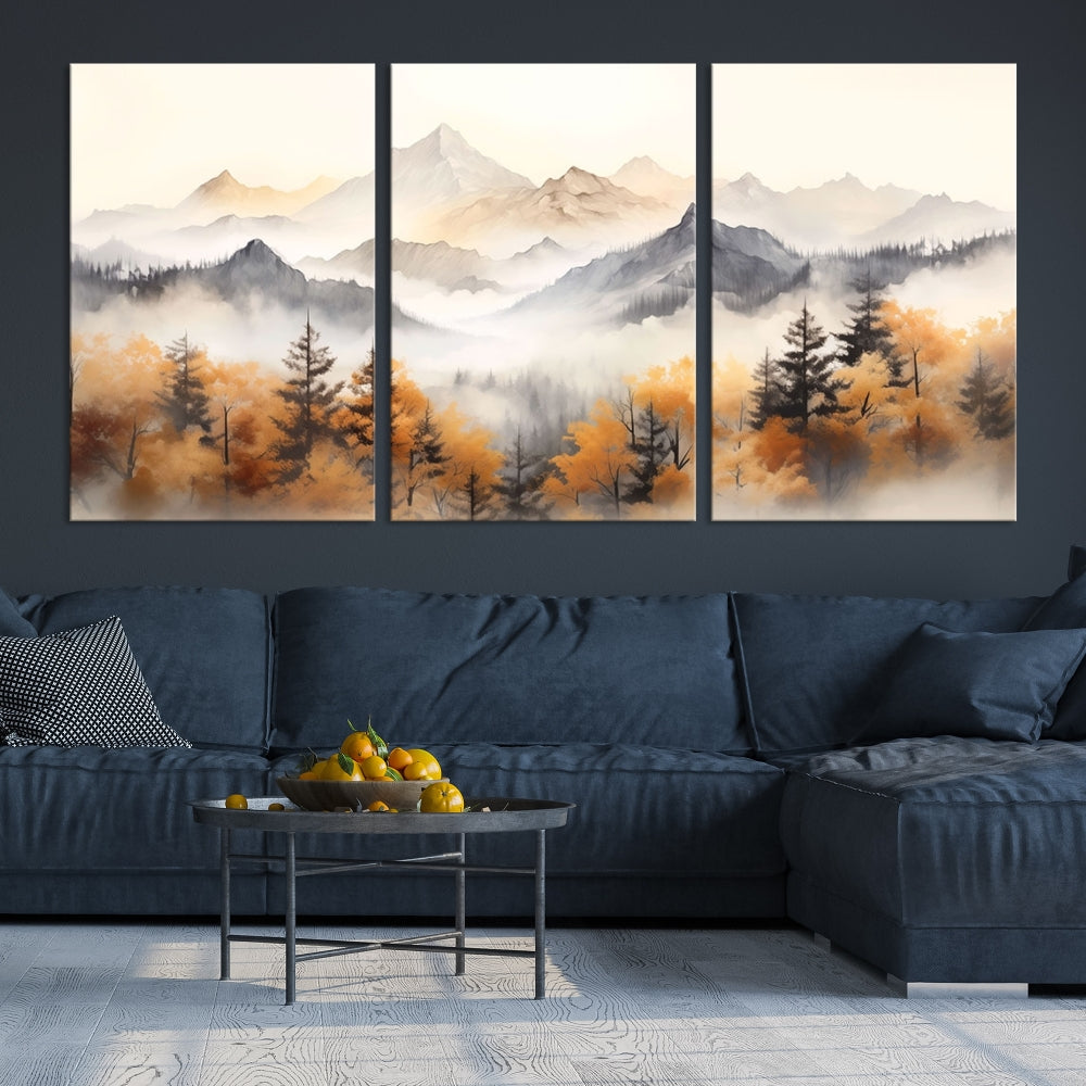 Foggy Forest Nordic Mountain Canvas Wall Art Print Landscape Painting Framed Set of