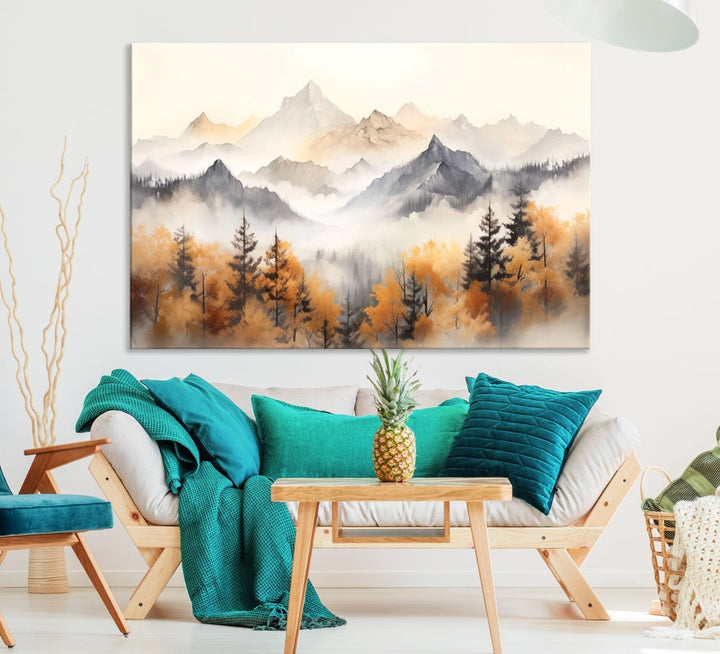 Foggy Forest Nordic Mountain Canvas Wall Art Print Landscape Painting Framed Set of