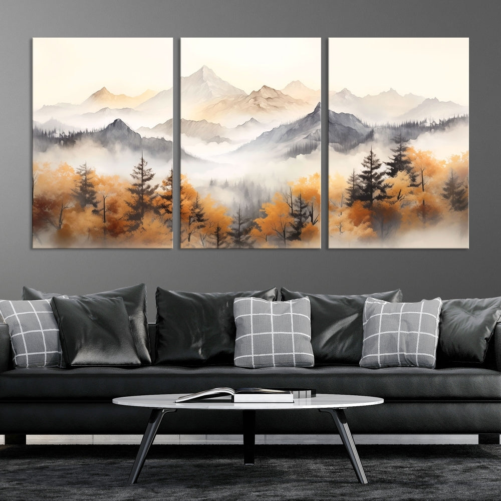 Foggy Forest Nordic Mountain Canvas Wall Art Print Landscape Painting Framed Set of