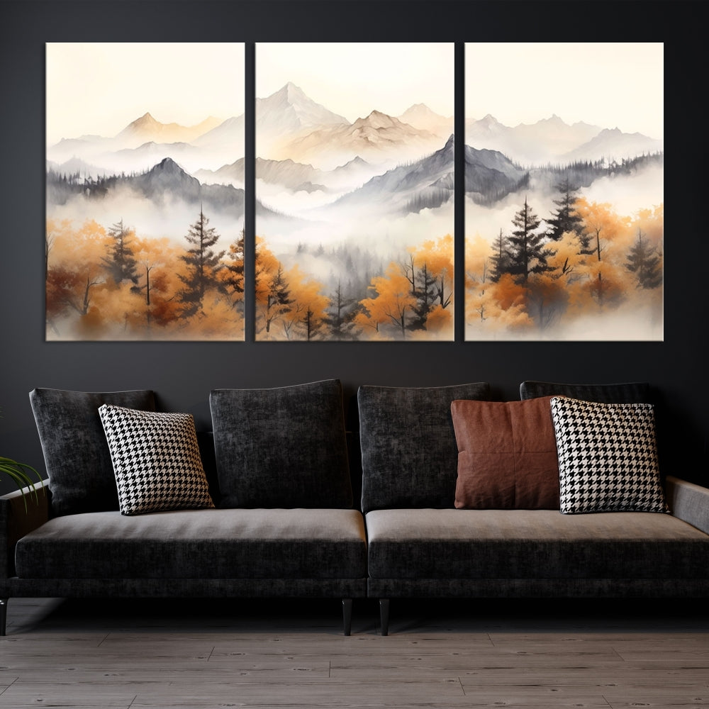 Foggy Forest Nordic Mountain Canvas Wall Art Print Landscape Painting Framed Set of