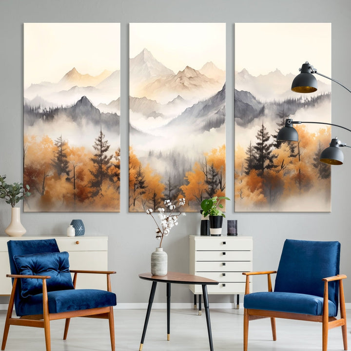 Foggy Forest Nordic Mountain Canvas Wall Art Print Landscape Painting Framed Set of