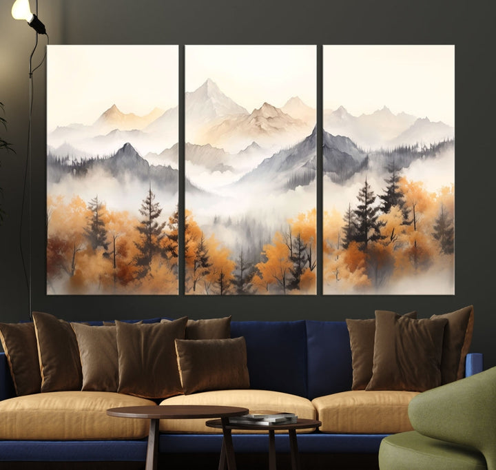 Foggy Forest Nordic Mountain Canvas Wall Art Print Landscape Painting Framed Set of