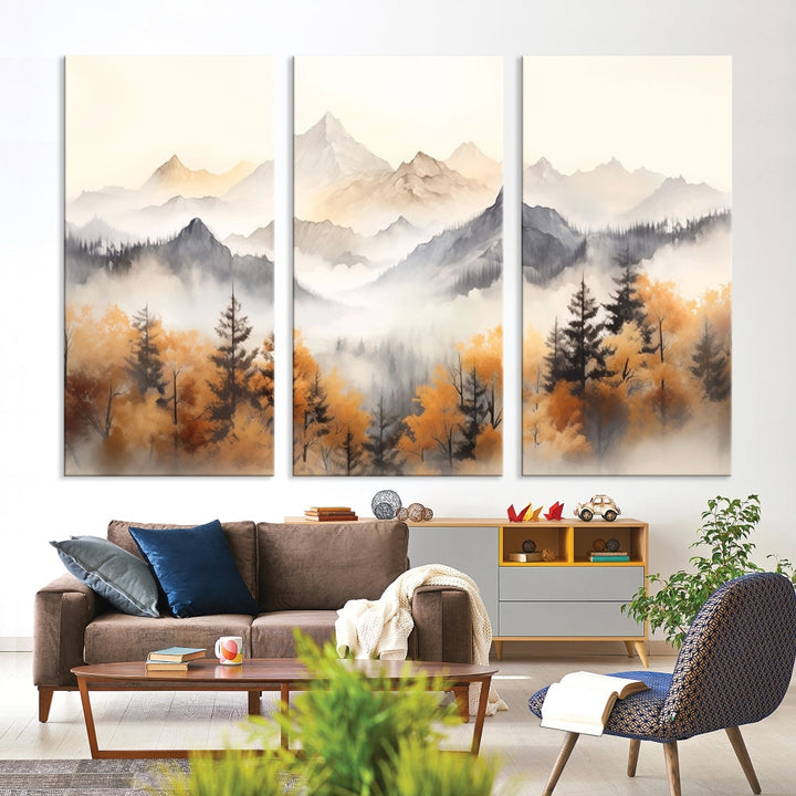 Foggy Forest Nordic Mountain Canvas Wall Art Print Landscape Painting Framed Set of