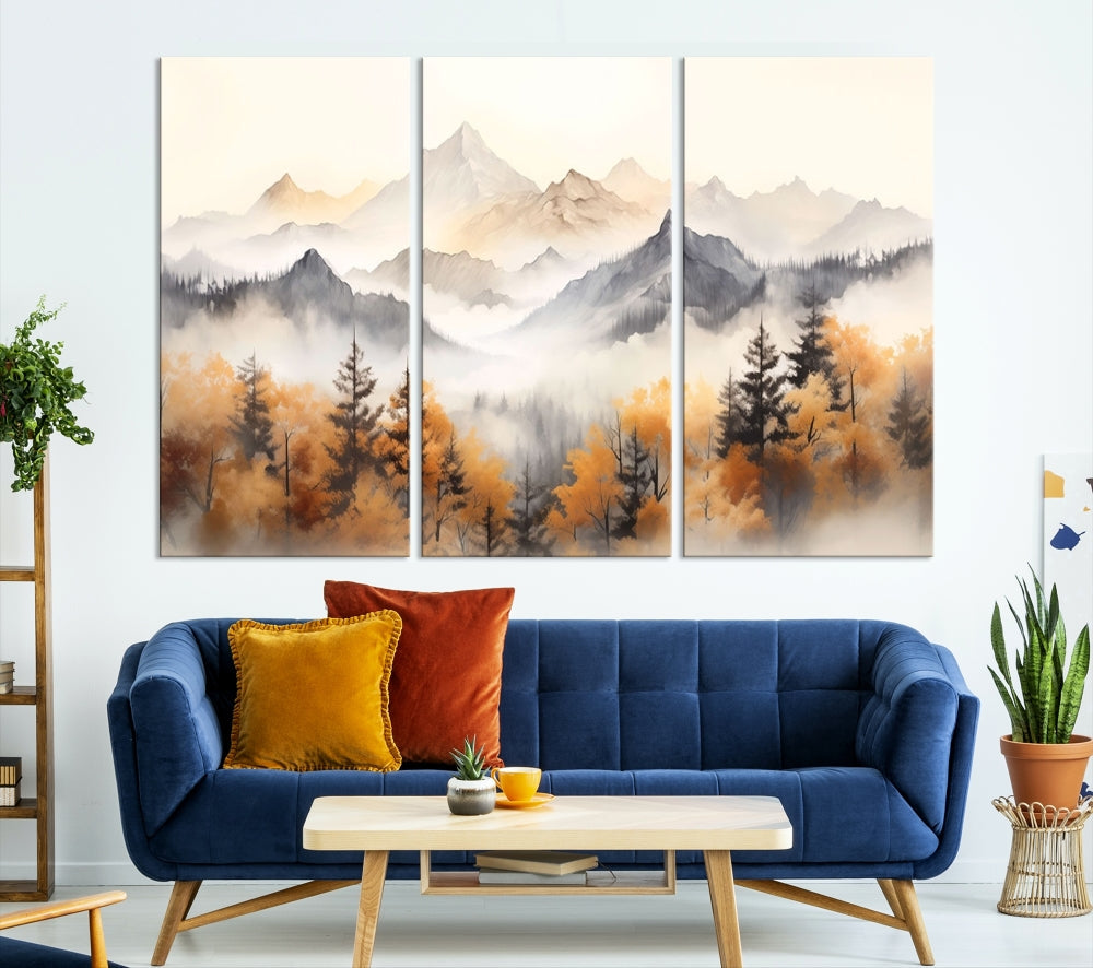 Foggy Forest Nordic Mountain Canvas Wall Art Print Landscape Painting Framed Set of