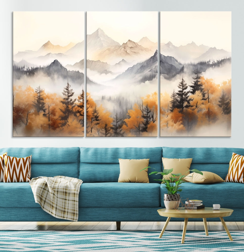 Foggy Forest Nordic Mountain Canvas Wall Art Print Landscape Painting Framed Set of