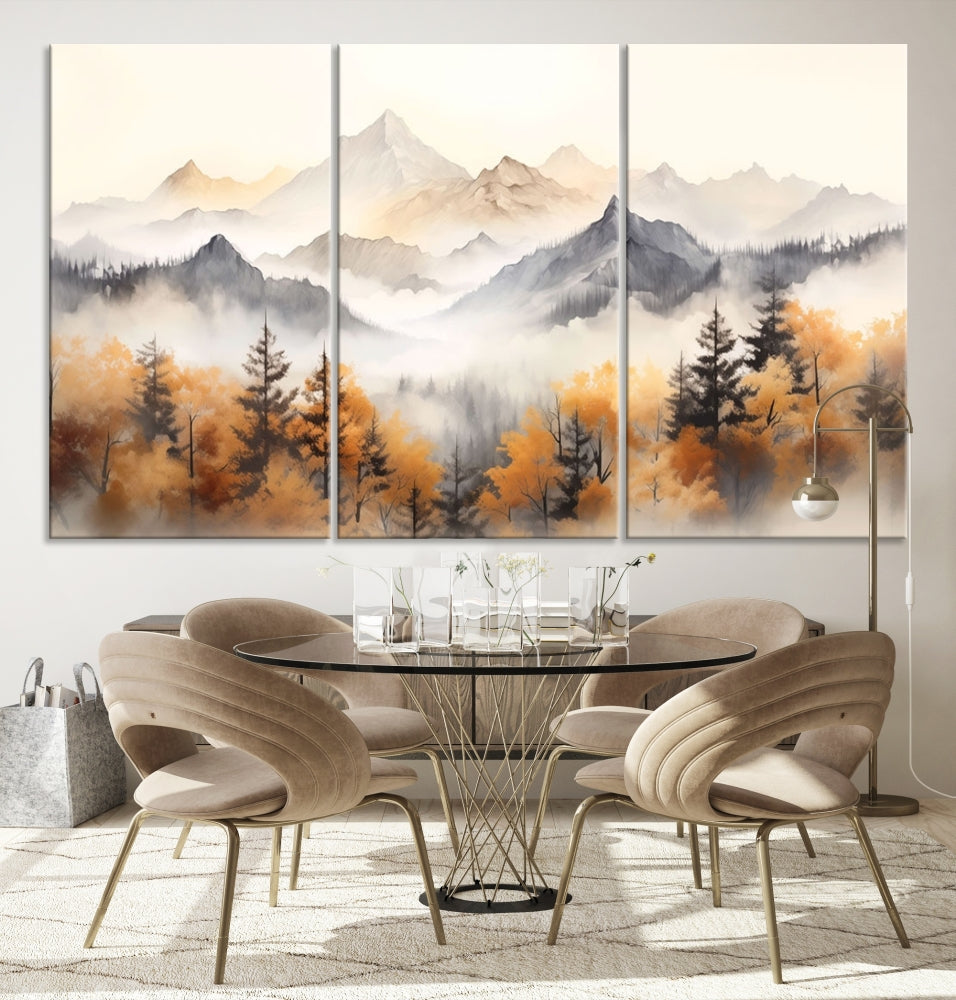 Foggy Forest Nordic Mountain Canvas Wall Art Print Landscape Painting Framed Set of