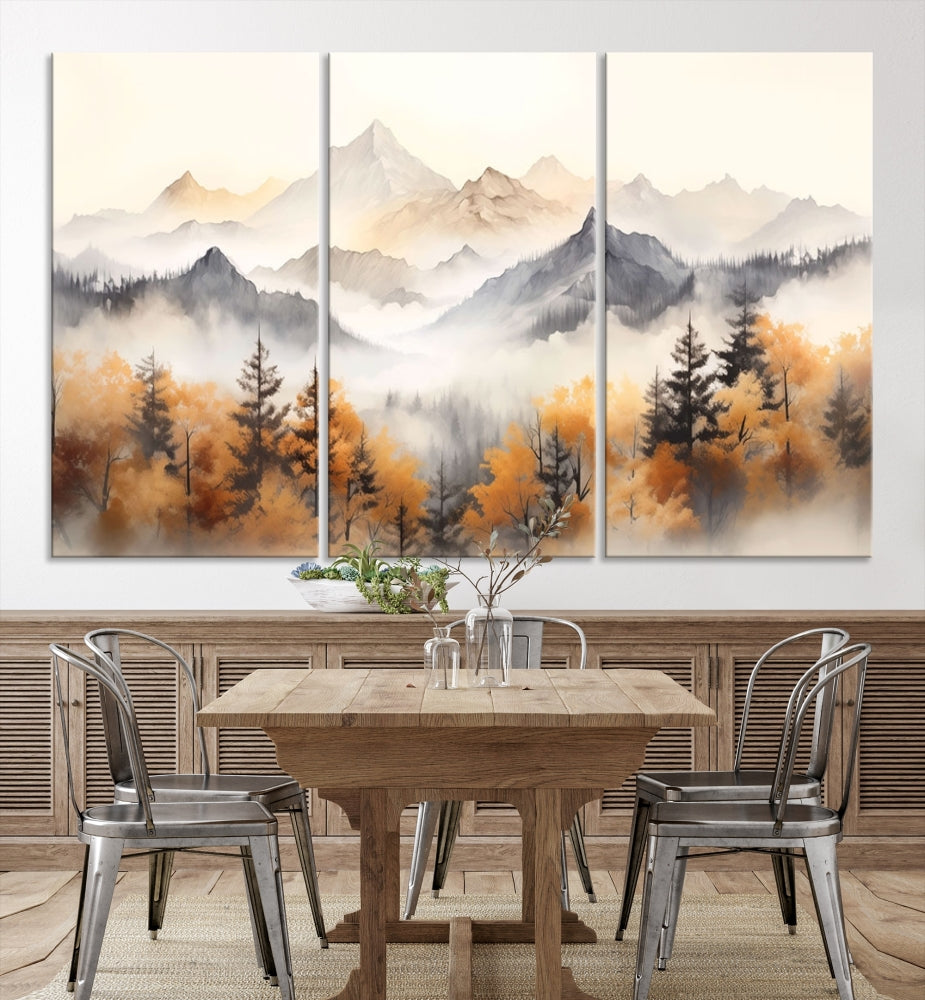 Foggy Forest Nordic Mountain Canvas Wall Art Print Landscape Painting Framed Set of