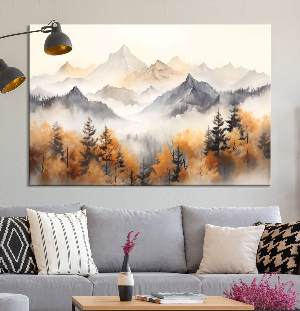 Foggy Forest Nordic Mountain Canvas Wall Art Print Landscape Painting Framed Set of