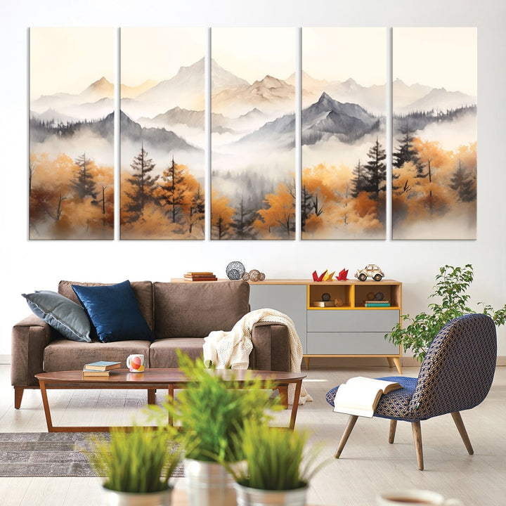 Foggy Forest Nordic Mountain Canvas Wall Art Print Landscape Painting Framed Set of