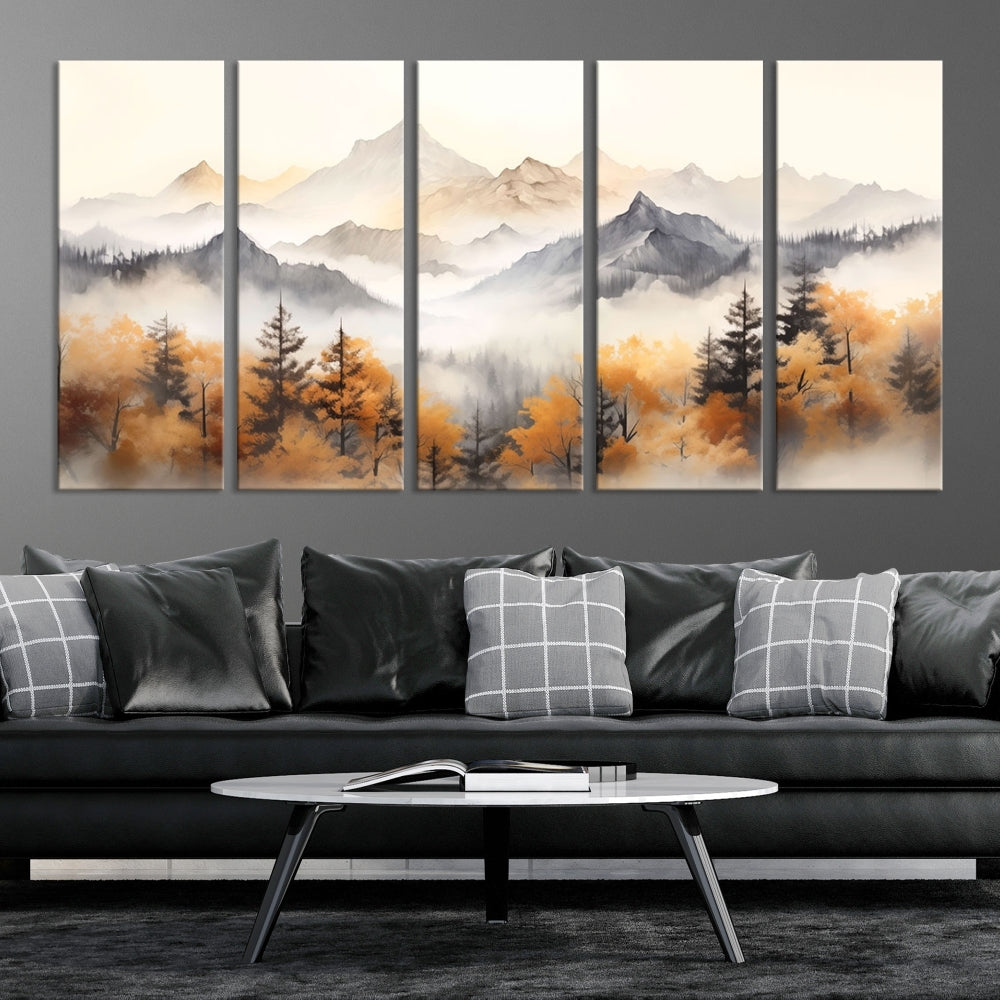 Foggy Forest Nordic Mountain Canvas Wall Art Print Landscape Painting Framed Set of