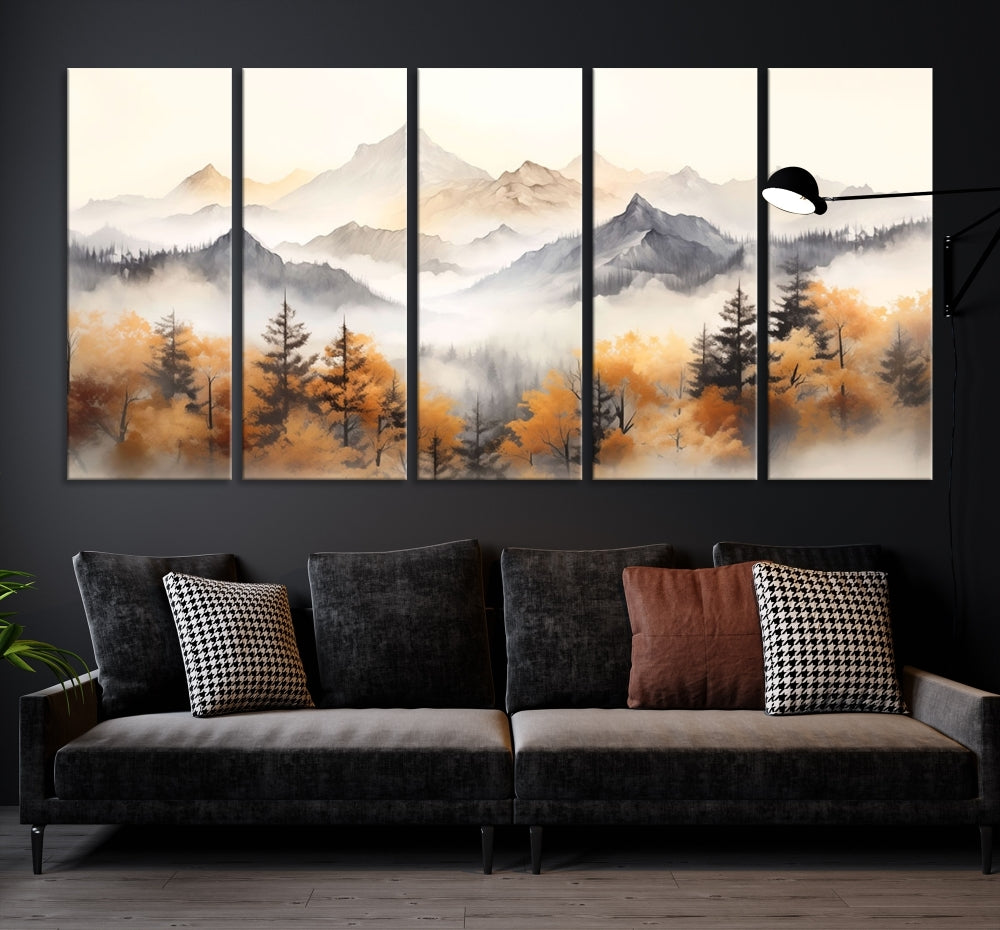 Foggy Forest Nordic Mountain Canvas Wall Art Print Landscape Painting Framed Set of