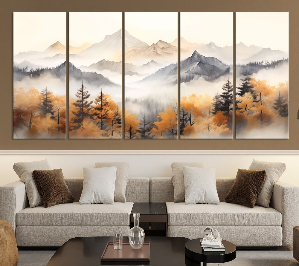 Foggy Forest Nordic Mountain Canvas Wall Art Print Landscape Painting Framed Set of