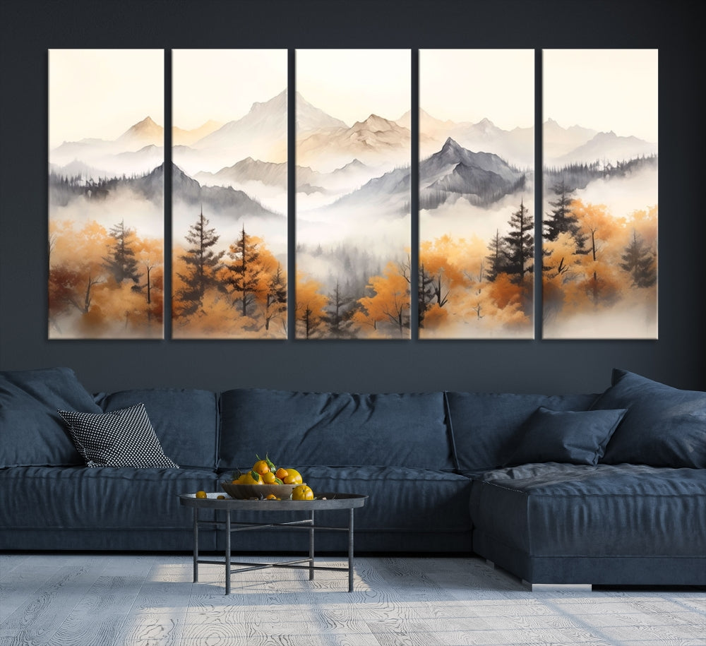 Foggy Forest Nordic Mountain Canvas Wall Art Print Landscape Painting Framed Set of