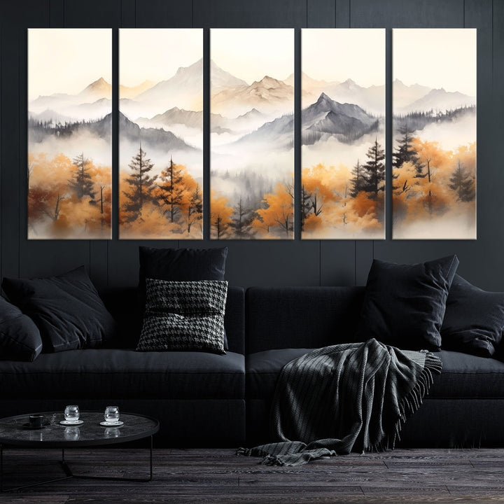 Foggy Forest Nordic Mountain Canvas Wall Art Print Landscape Painting Framed Set of