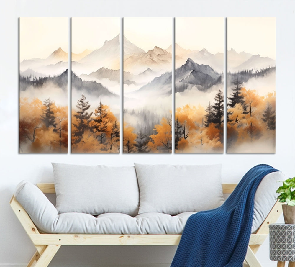 Foggy Forest Nordic Mountain Canvas Wall Art Print Landscape Painting Framed Set of