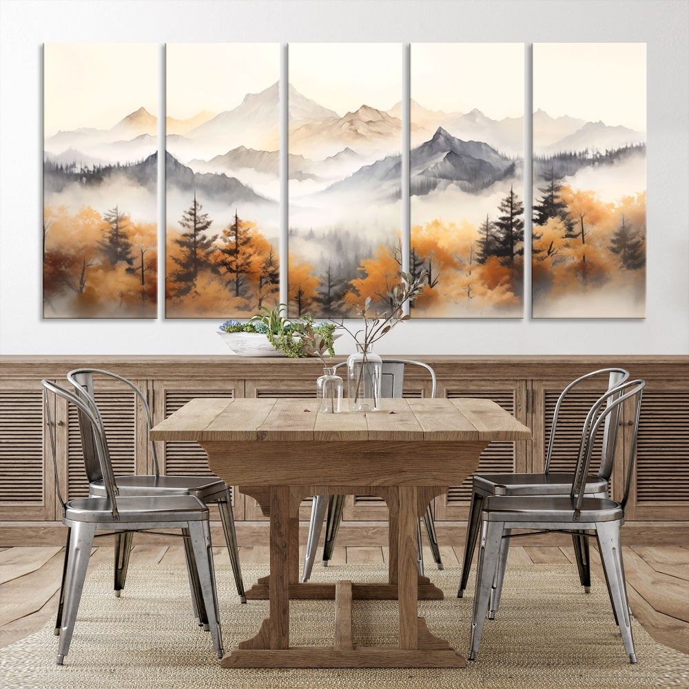 Foggy Forest Nordic Mountain Canvas Wall Art Print Landscape Painting Framed Set of