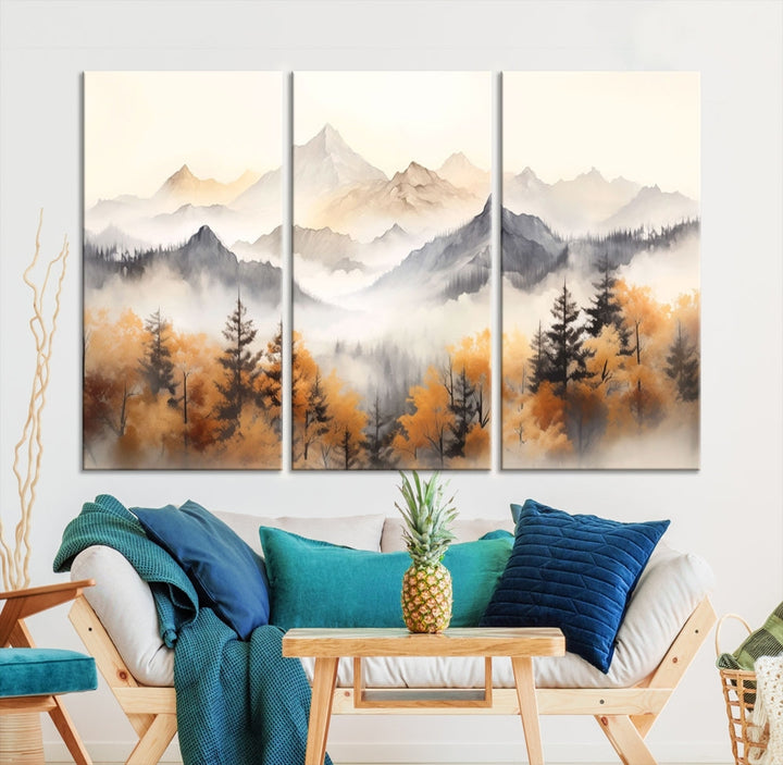 Foggy Forest Nordic Mountain Canvas Wall Art Print Landscape Painting Framed Set of