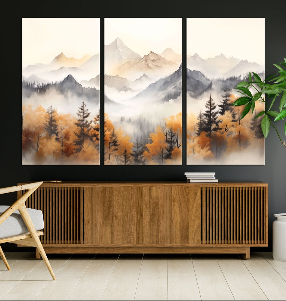 Foggy Forest Nordic Mountain Canvas Wall Art Print Landscape Painting Framed Set of