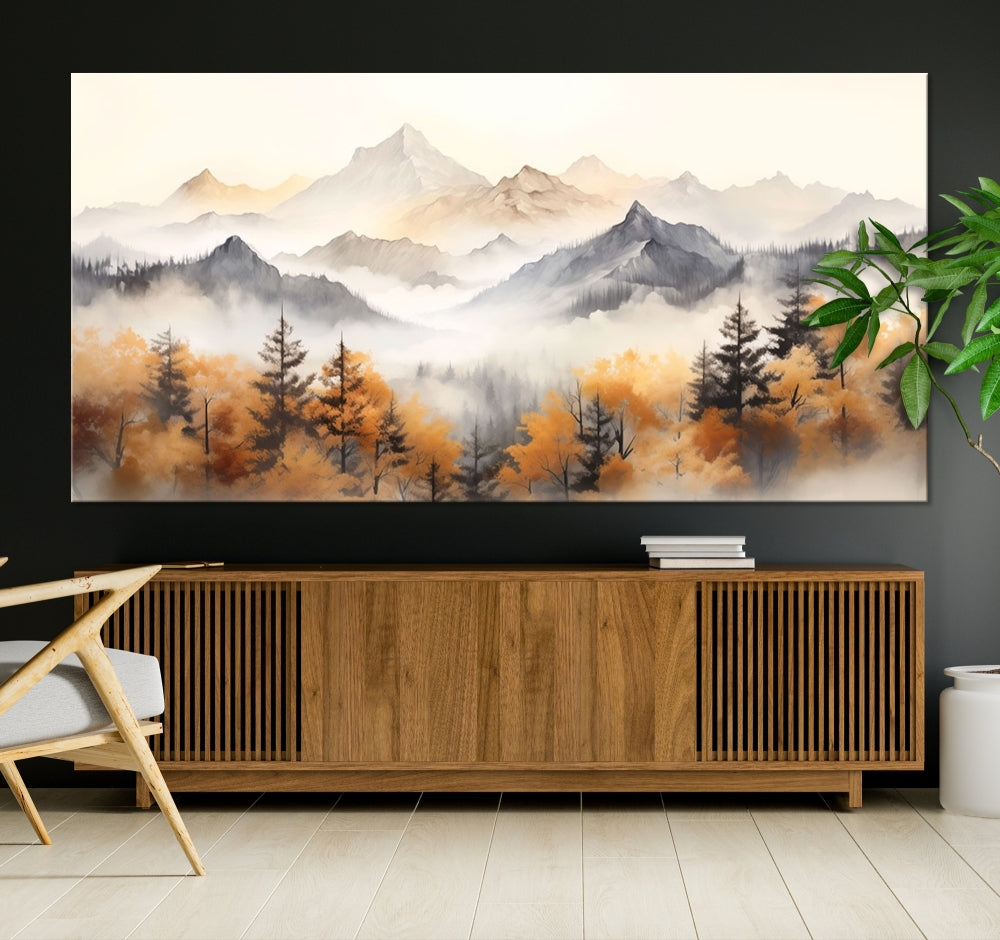 Foggy Forest Nordic Mountain Canvas Wall Art Print Landscape Painting Framed Set of