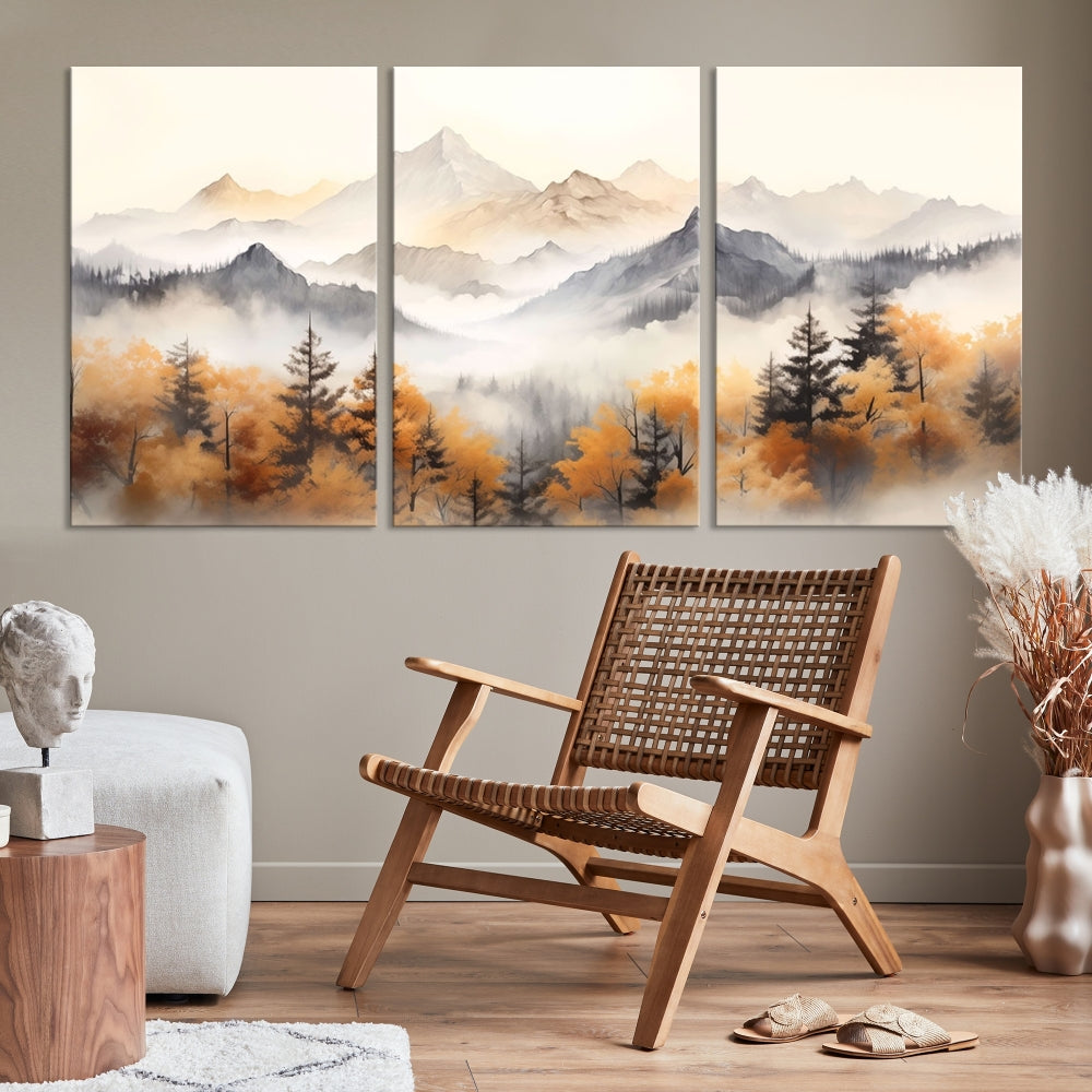 Foggy Forest Nordic Mountain Canvas Wall Art Print Landscape Painting Framed Set of