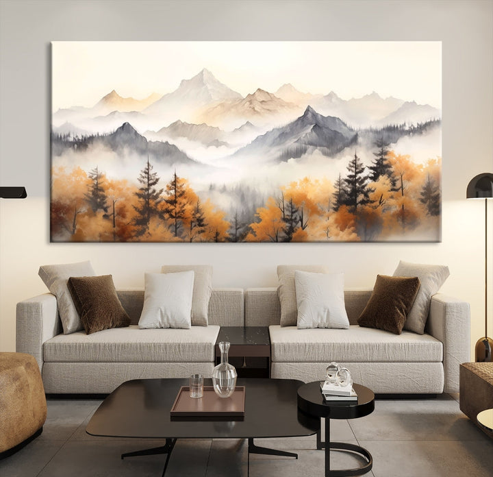 Foggy Forest Nordic Mountain Canvas Wall Art Print Landscape Painting Framed Set of