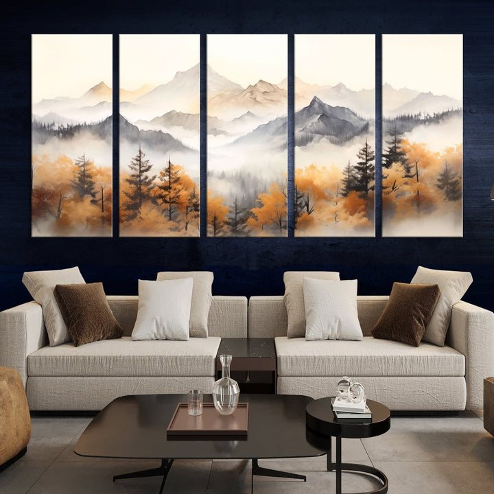 Foggy Forest Nordic Mountain Canvas Wall Art Print Landscape Painting Framed Set of