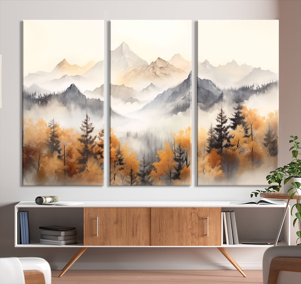 Foggy Forest Nordic Mountain Canvas Wall Art Print Landscape Painting Framed Set of