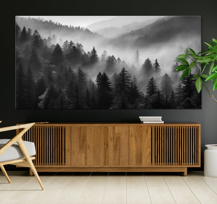 Foggy Forest Wall Art, Black and White Landscape Canvas Print, Nordic Nature Wall Decor, Set of Print