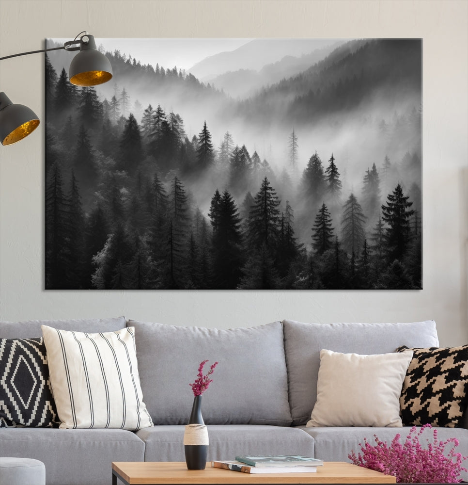 Foggy Forest Wall Art, Black and White Landscape Canvas Print, Nordic Nature Wall Decor, Set of Print