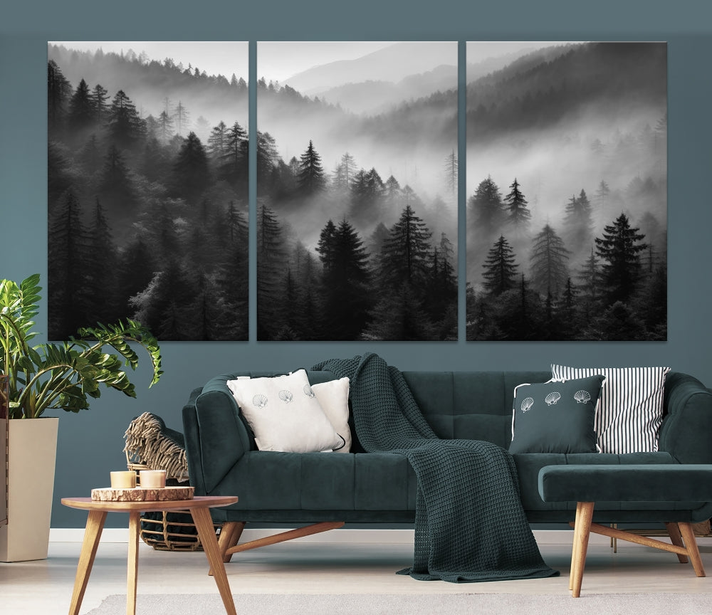 Foggy Forest Wall Art, Black and White Landscape Canvas Print, Nordic Nature Wall Decor, Set of Print