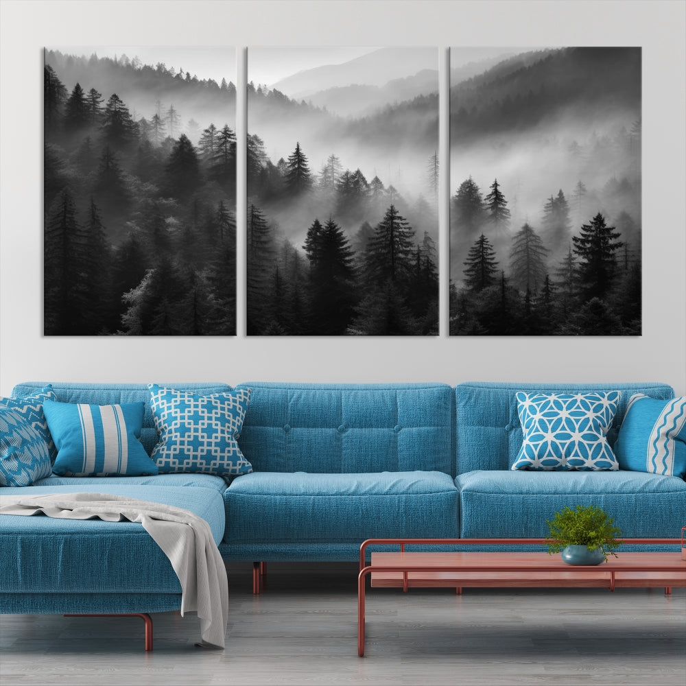 Foggy Forest Wall Art, Black and White Landscape Canvas Print, Nordic Nature Wall Decor, Set of Print