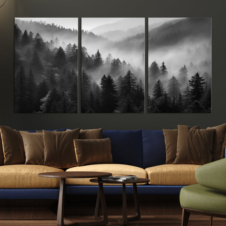 Foggy Forest Wall Art, Black and White Landscape Canvas Print, Nordic Nature Wall Decor, Set of Print