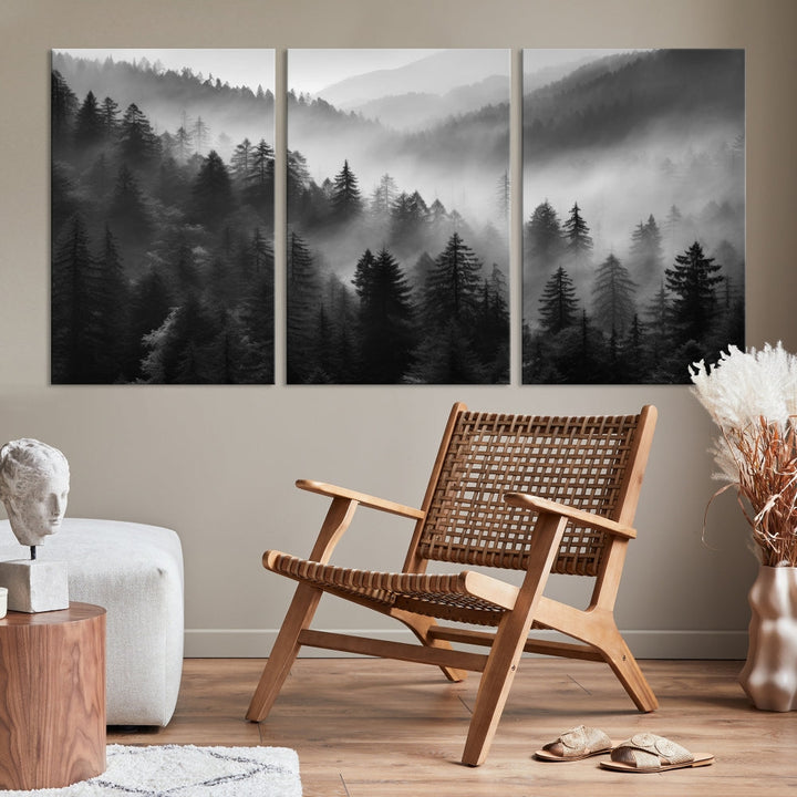 Foggy Forest Wall Art, Black and White Landscape Canvas Print, Nordic Nature Wall Decor, Set of Print