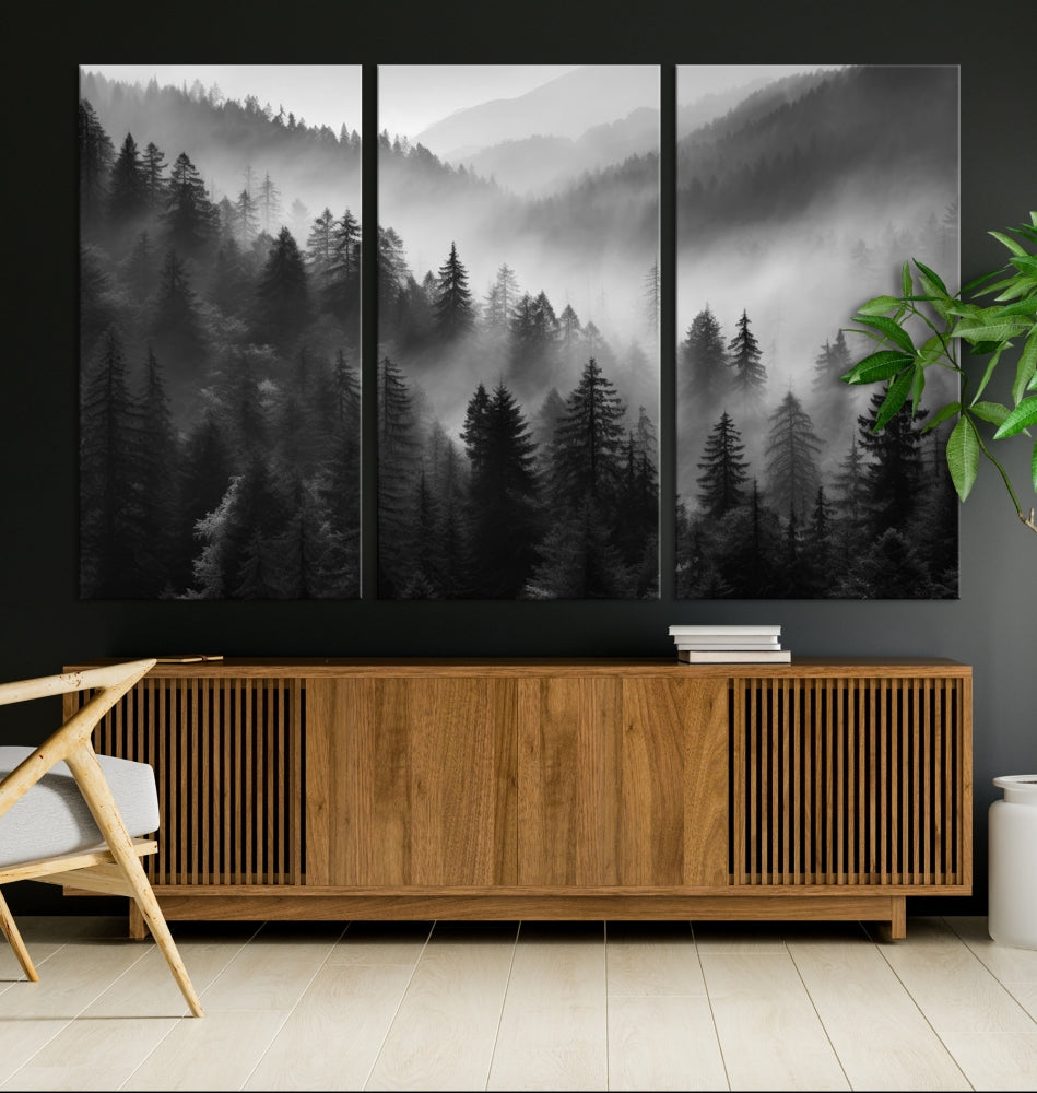 Foggy Forest Wall Art, Black and White Landscape Canvas Print, Nordic Nature Wall Decor, Set of Print