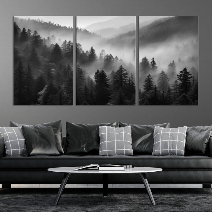 Foggy Forest Wall Art, Black and White Landscape Canvas Print, Nordic Nature Wall Decor, Set of Print