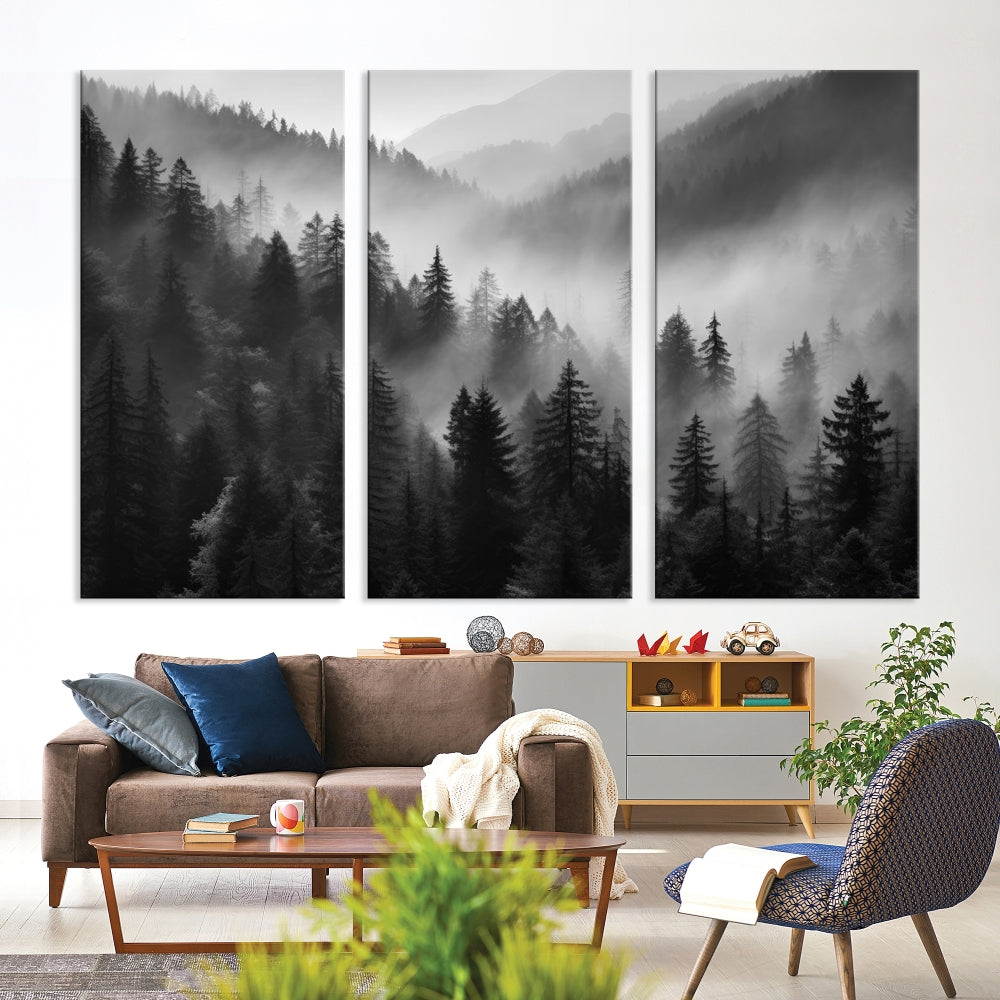 Foggy Forest Wall Art, Black and White Landscape Canvas Print, Nordic Nature Wall Decor, Set of Print