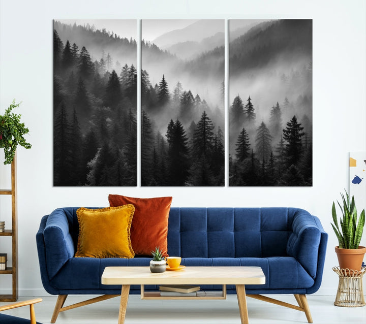 Foggy Forest Wall Art, Black and White Landscape Canvas Print, Nordic Nature Wall Decor, Set of Print