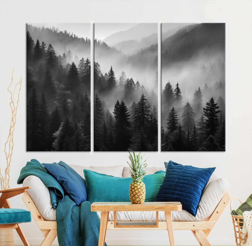 Foggy Forest Wall Art, Black and White Landscape Canvas Print, Nordic Nature Wall Decor, Set of Print