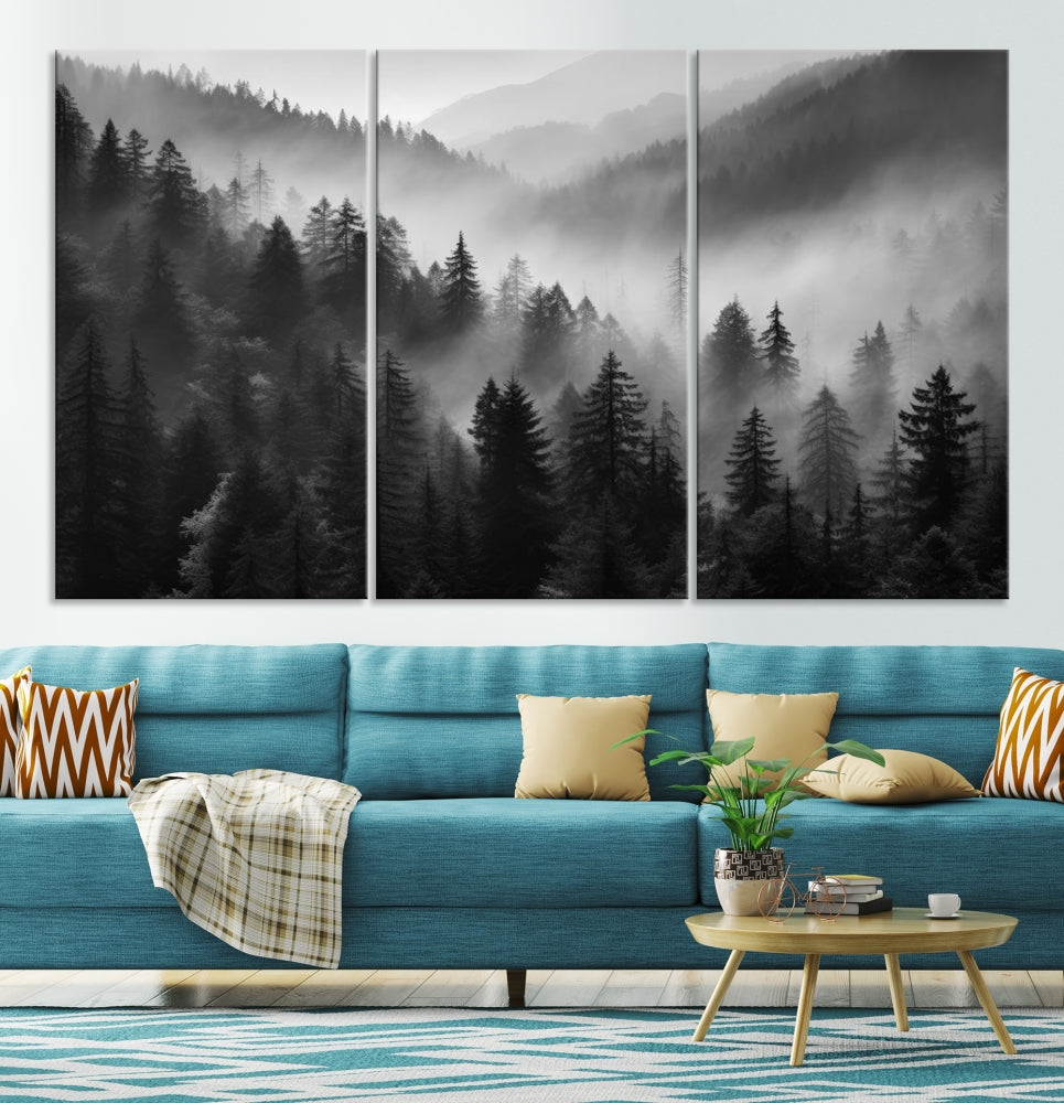 Foggy Forest Wall Art, Black and White Landscape Canvas Print, Nordic Nature Wall Decor, Set of Print