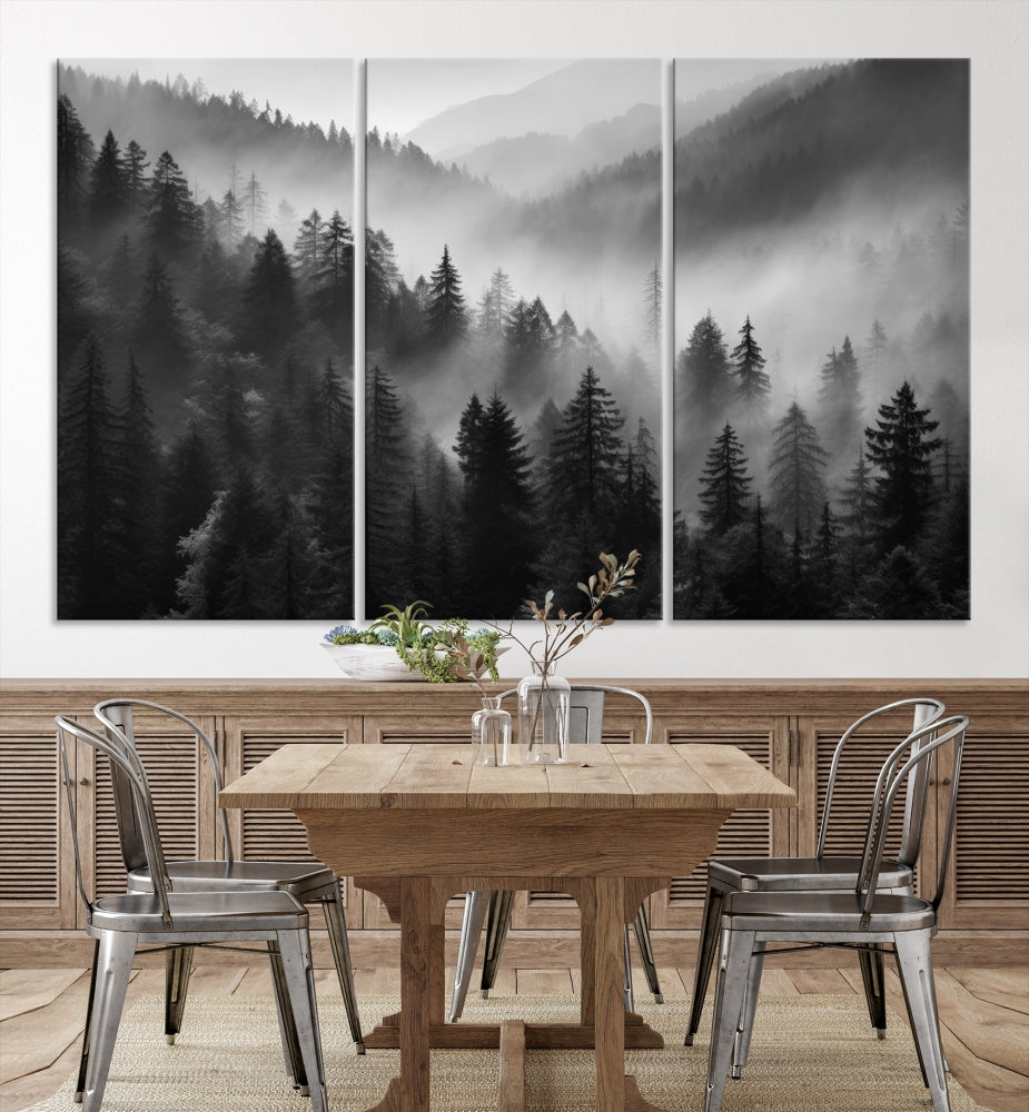 Foggy Forest Wall Art, Black and White Landscape Canvas Print, Nordic Nature Wall Decor, Set of Print