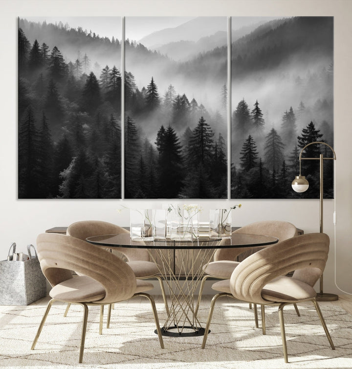 Foggy Forest Wall Art, Black and White Landscape Canvas Print, Nordic Nature Wall Decor, Set of Print